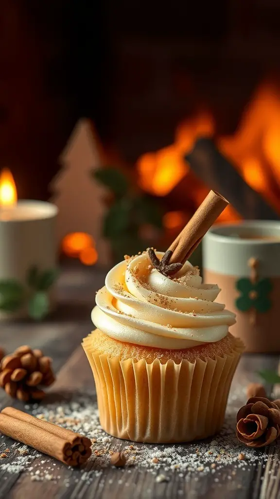 Eggnog spice cupcake with cinnamon stick and festive decorations