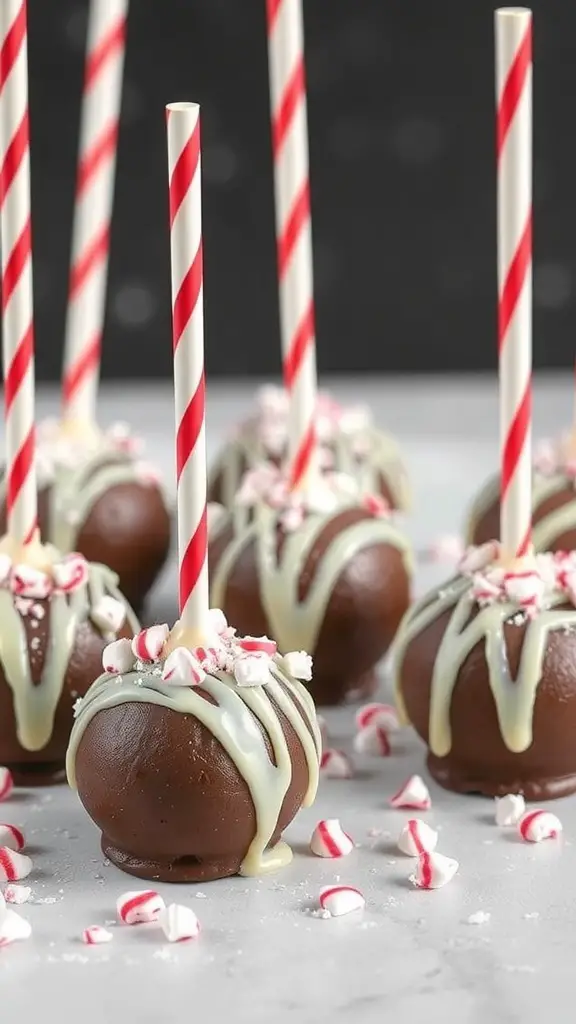 Chocolate peppermint cake pops with red and white striped straws and crushed peppermint on top.