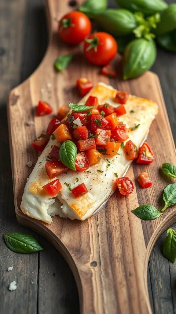 A piece of tilapia topped with tomato basil relish on a wooden serving board, surrounded by fresh tomatoes and basil leaves.