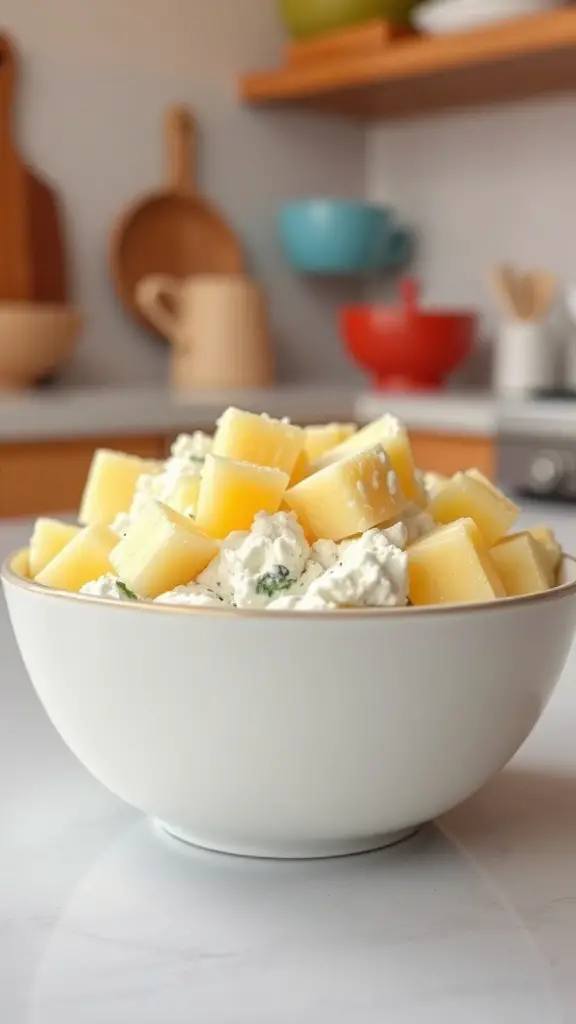 A bowl of cottage cheese topped with pineapple chunks, set in a cozy kitchen environment.