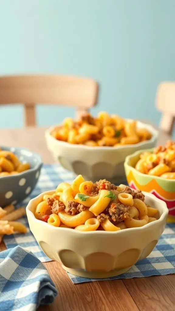 A colorful spread of hamburger macaroni casserole in fun bowls, appealing to kids.