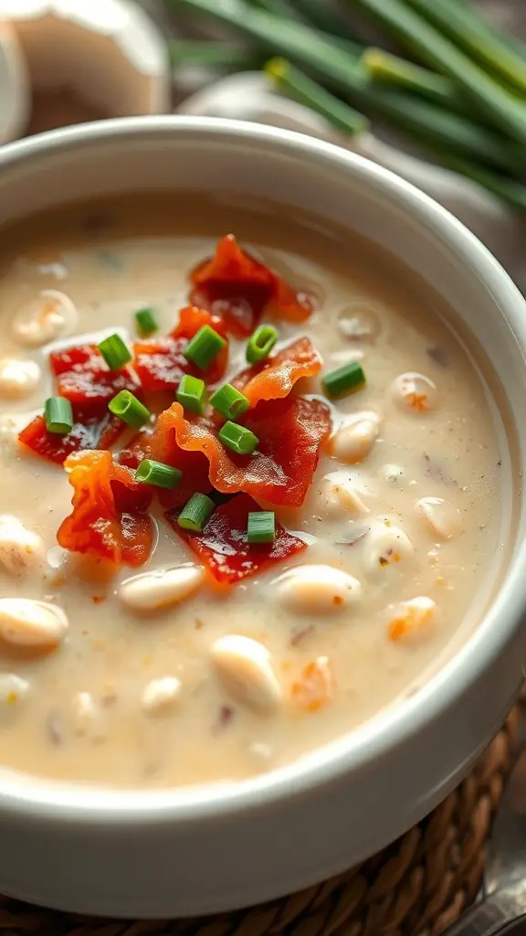 A bowl of Classic New England Clam Chowder topped with bacon and green onions.