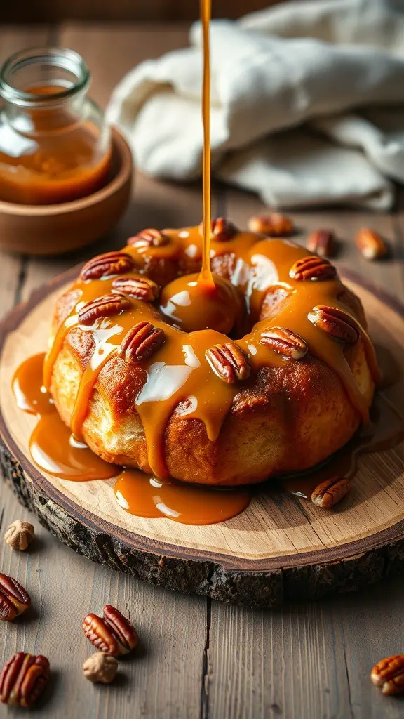 Caramel Pecan Sticky Buns with caramel drizzle and pecans on a wooden platter