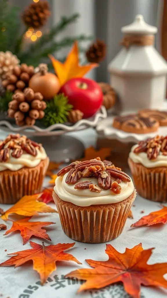 Pecan pie cupcakes with pecan topping, surrounded by autumn leaves and festive decorations.