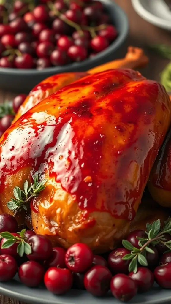 A beautifully roasted turkey glazed with cranberry sauce, surrounded by fresh cranberries and herbs.