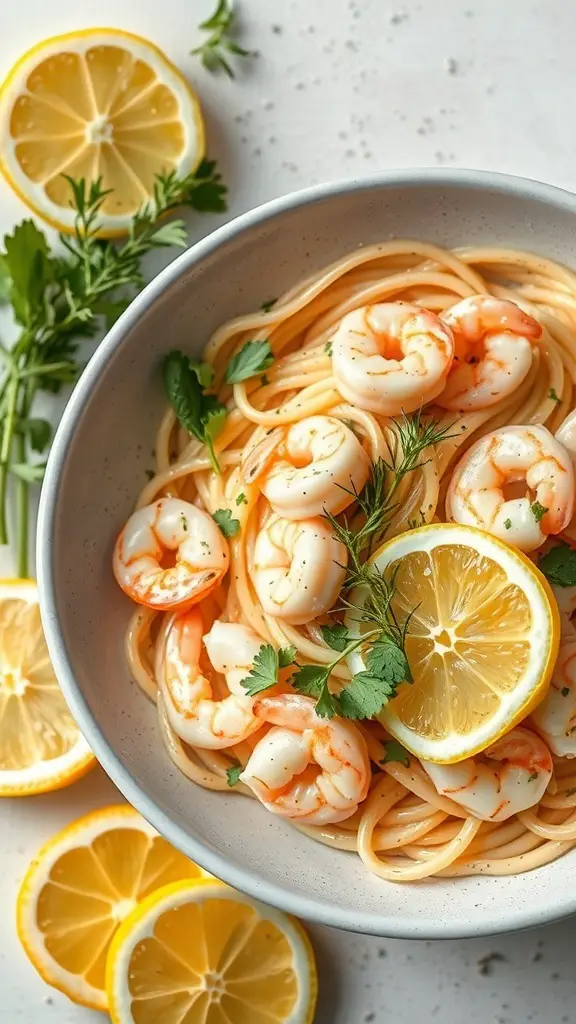 A bowl of Garlic Shrimp Alfredo pasta with lemon slices and fresh herbs