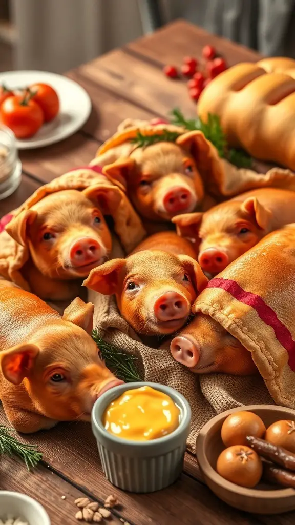 A playful arrangement of piglets with a bowl of dipping sauce, representing the fun theme of pigs in a blanket.