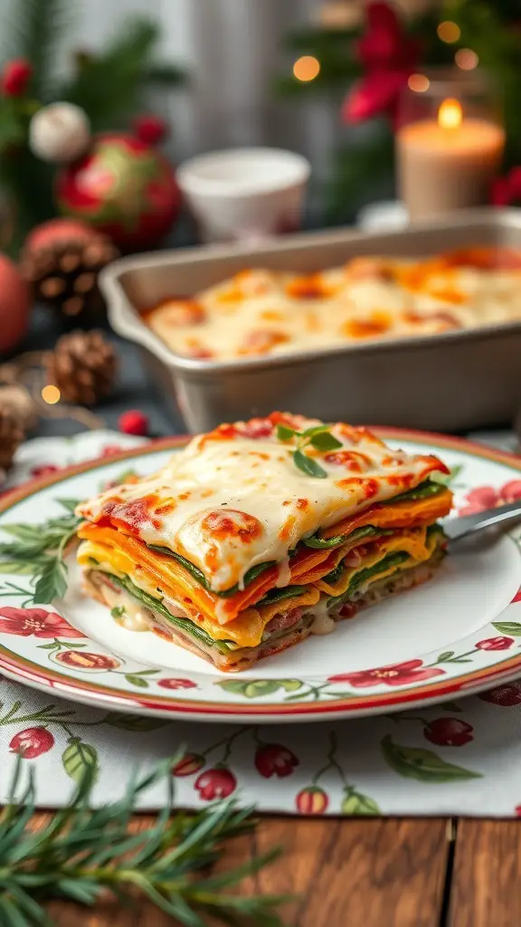 A slice of roasted vegetable lasagna on a festive plate, showcasing layers of colorful vegetables and melted cheese.