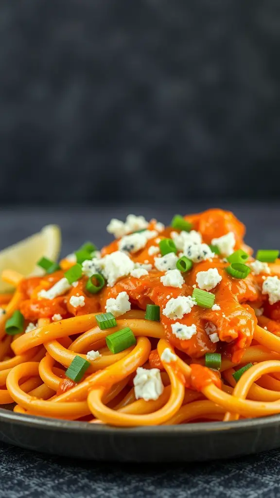 A plate of Buffalo Chicken Rigatoni topped with blue cheese and green onions.