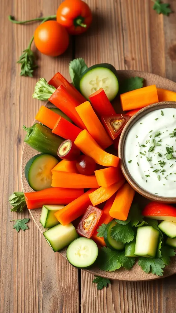 A colorful platter of fresh vegetables with a bowl of herbed Greek yogurt dip in the center.