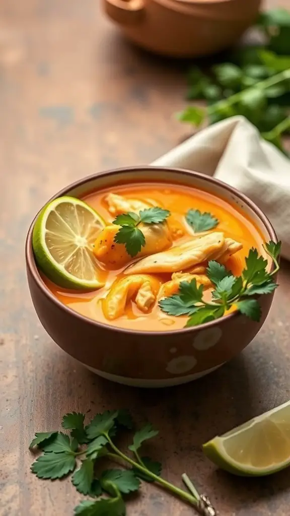 A bowl of Coconut Curry Chicken Soup garnished with lime and cilantro.
