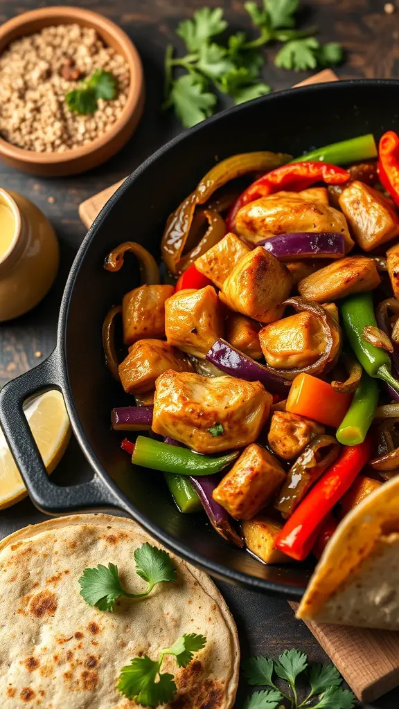 A skillet filled with colorful chicken fajitas, surrounded by fresh herbs and warm tortillas.