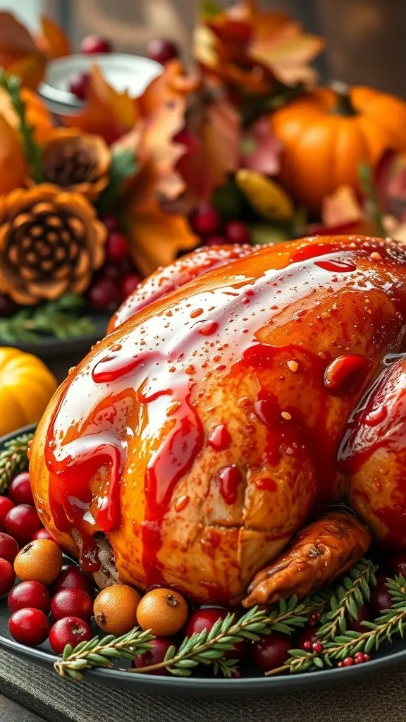 A beautifully glazed turkey with cranberry and orange sauce, garnished with seasonal decorations.