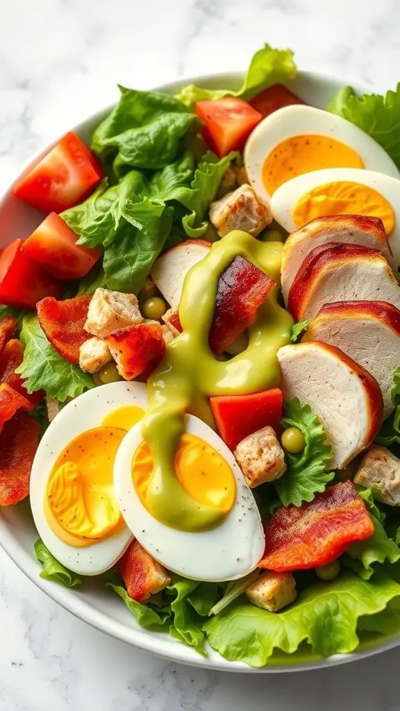 A delicious Cobb Salad with avocado dressing, featuring greens, tomatoes, bacon, chicken, and hard-boiled eggs.
