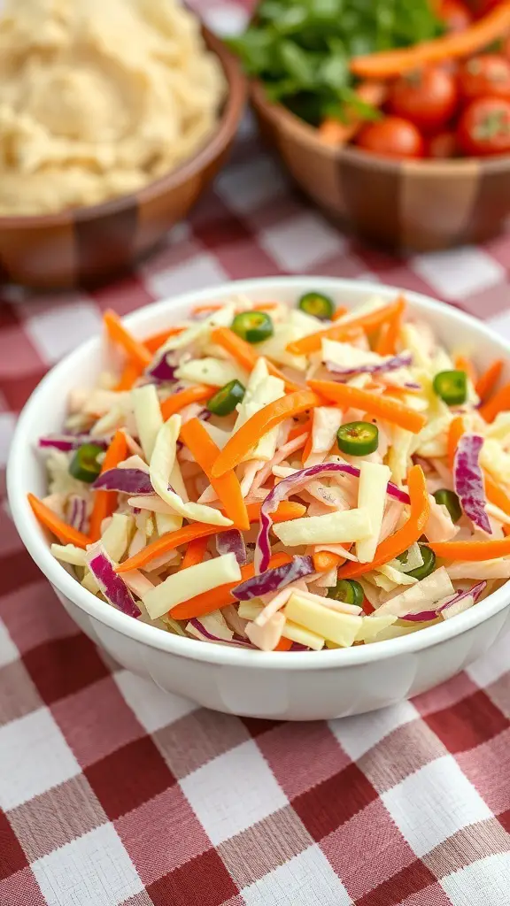 A bowl of colorful coleslaw with shredded cabbage, carrots, and jalapeños.