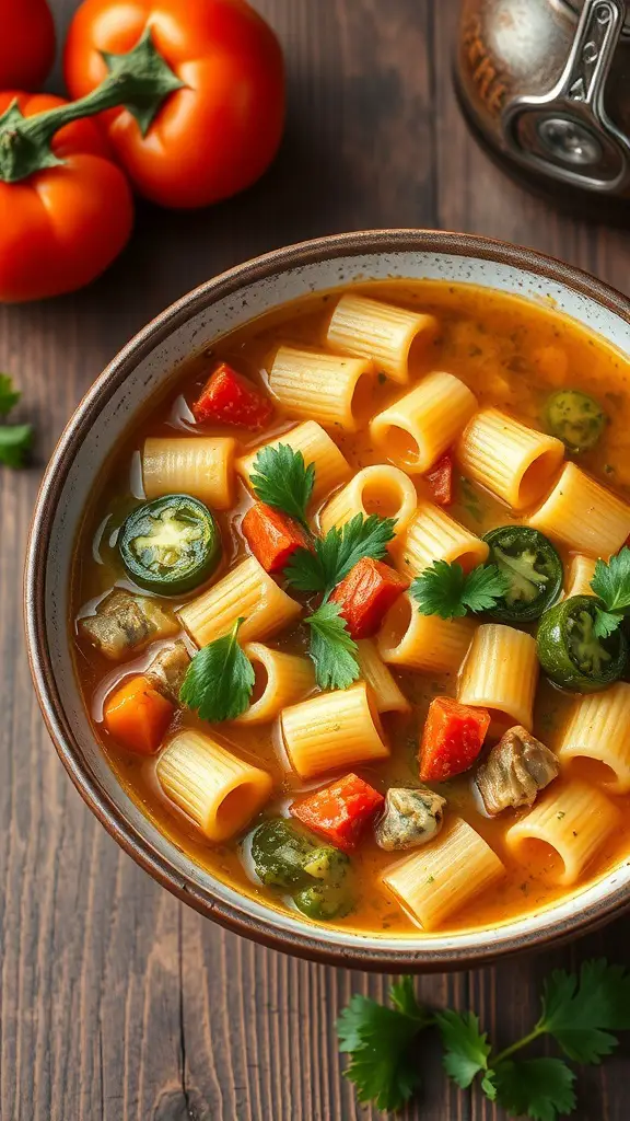 A bowl of pasta soup with vegetables, featuring rigatoni pasta, tomatoes, and green herbs.