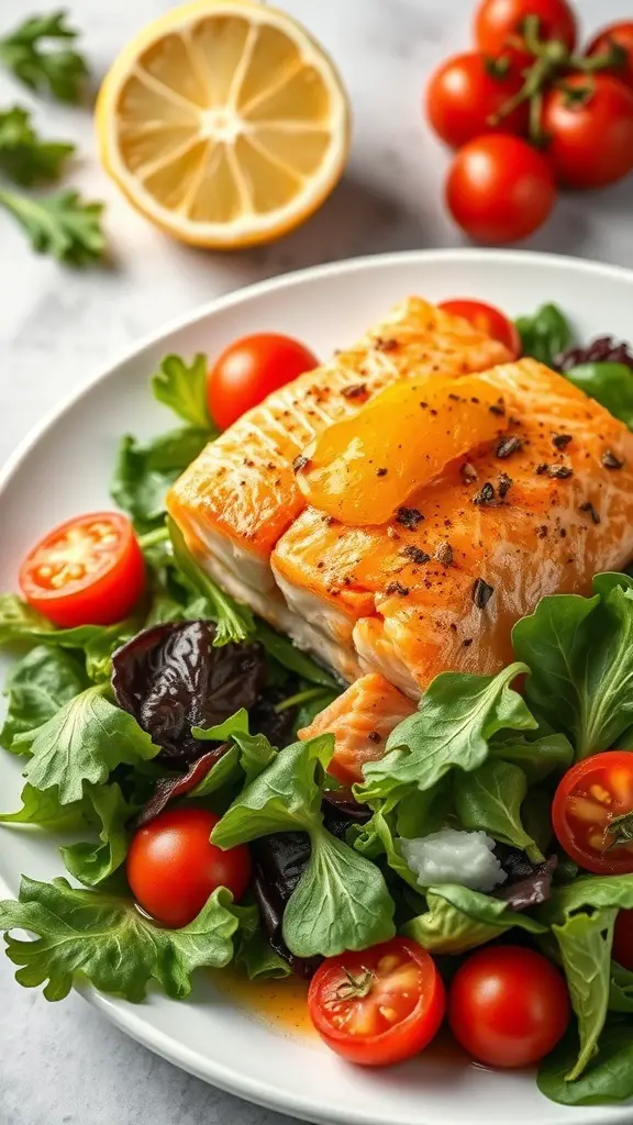 A plate of salmon salad with mixed greens and cherry tomatoes, garnished with a lemon slice.