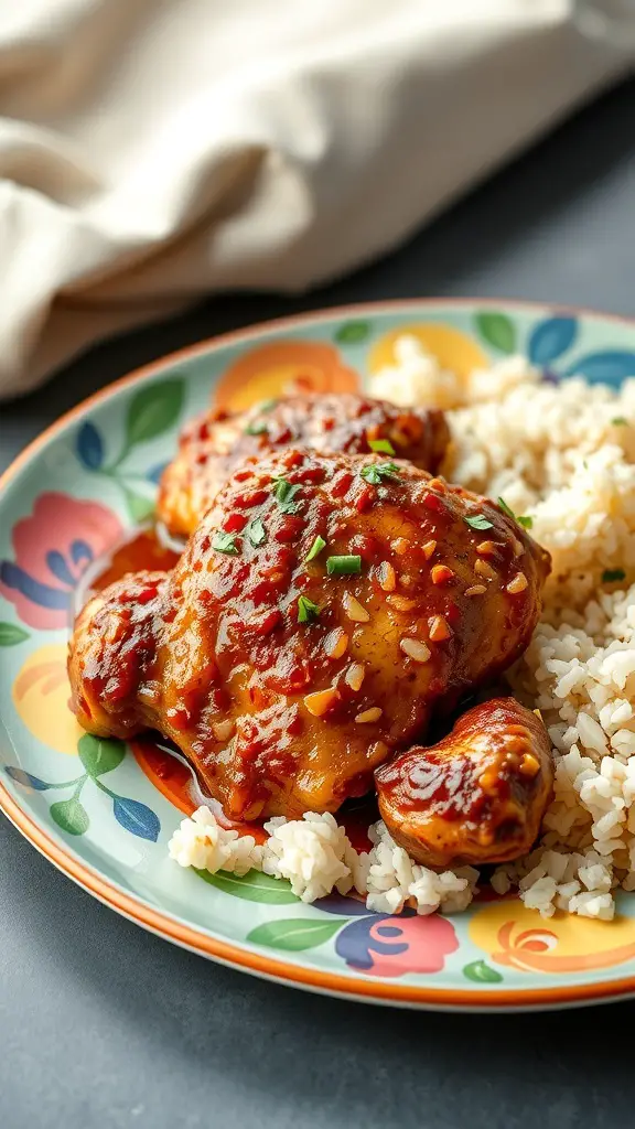 A plate of spicy Cajun chicken thighs served with rice, garnished with green onions.