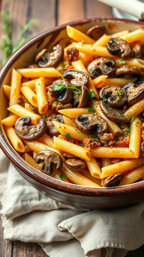 A bowl of Mushroom and Truffle Oil Penne Bake with mushrooms and herbs.