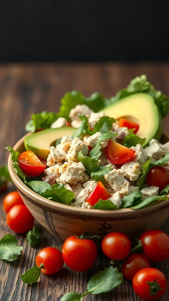 A bowl of turkey salad with avocado, cherry tomatoes, and greens on a wooden table.