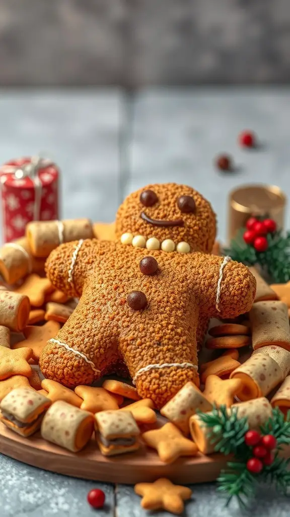 A festive gingerbread cookie cheese ball surrounded by snacks and decorations.
