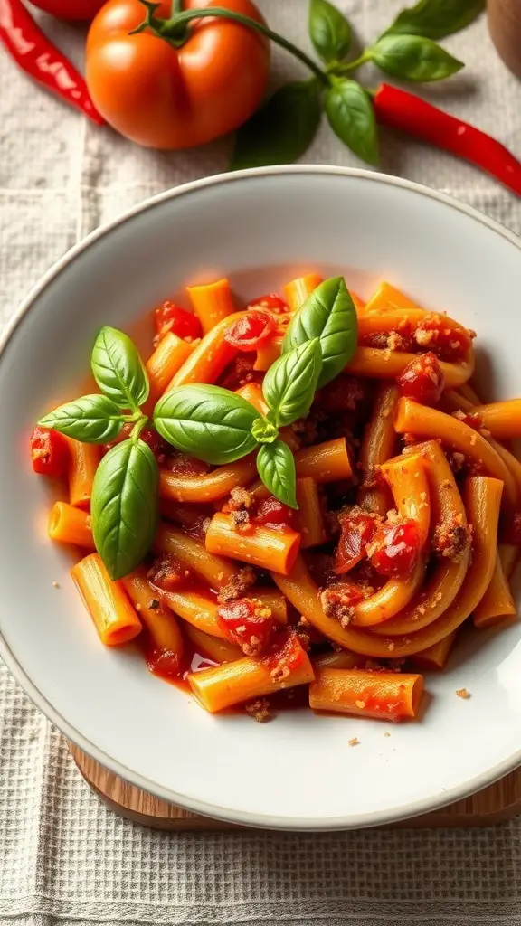 A plate of Spicy Cellentani Arrabbiata pasta with fresh basil and tomatoes