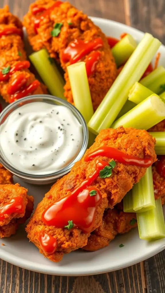 Plate of spicy buffalo chicken tenders with celery sticks and ranch dressing.