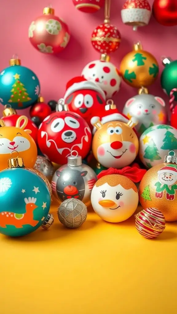 Colorful and whimsical Christmas balls with various fun designs