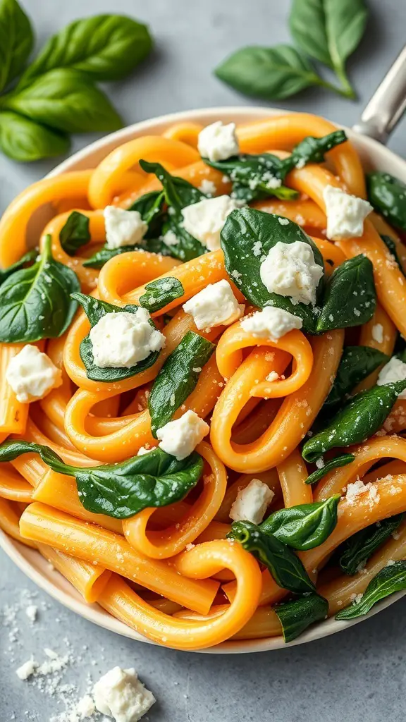 A bowl of rigatoni pasta with spinach and ricotta cheese topped with fresh basil.