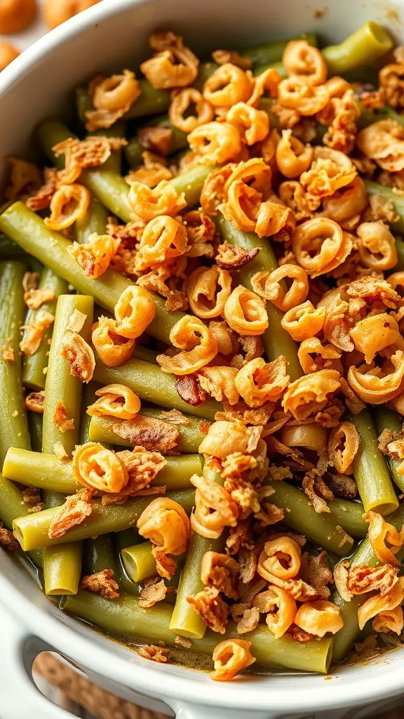 A bowl of green bean casserole topped with crispy fried onions.