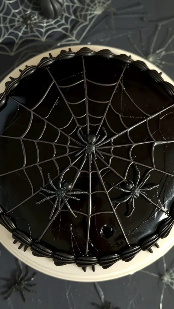 A spooky spiderweb cake decorated with black icing and plastic spiders.