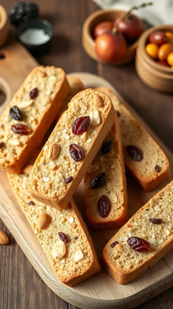 A plate of almond biscotti with dried fruits, showcasing their crunchy texture and colorful toppings.