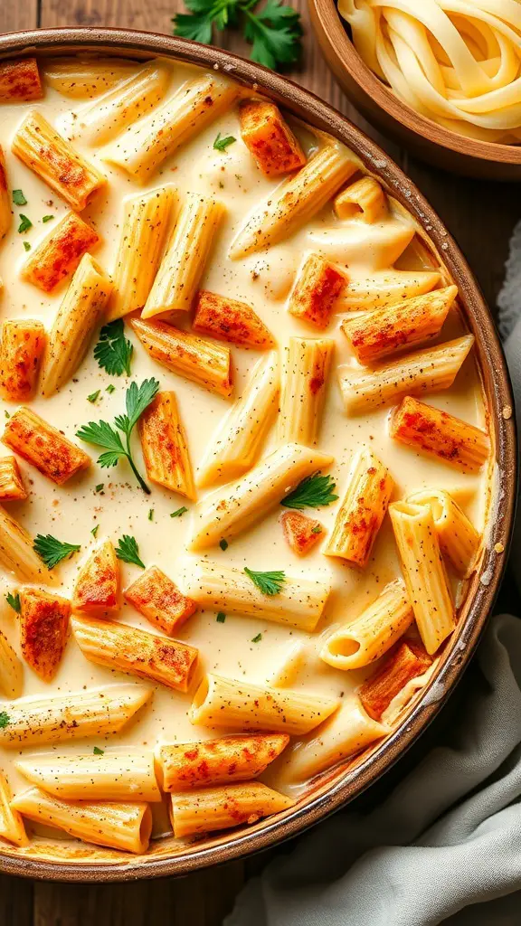 Creamy Alfredo pasta bake topped with herbs and crispy edges