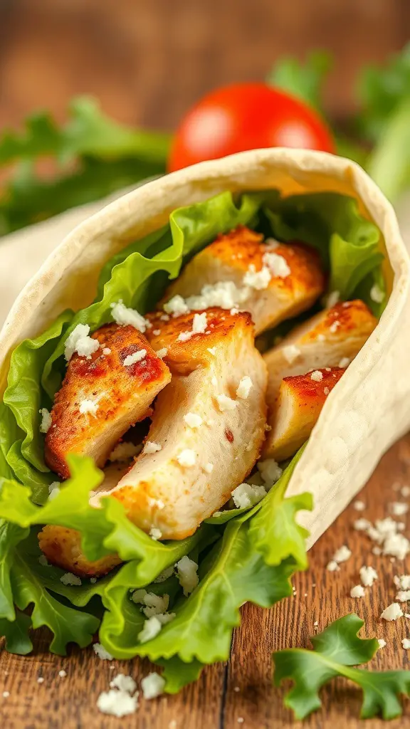 A close-up of a chicken Caesar wrap filled with lettuce and chicken pieces.