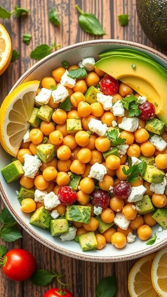 A bowl of chickpea salad with avocado, feta, and lemon slices on a wooden table.