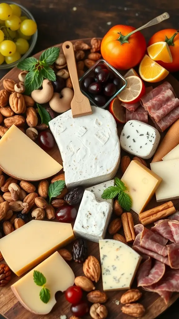 A beautifully arranged cheese and charcuterie board with various cheeses, cured meats, nuts, and fruits.