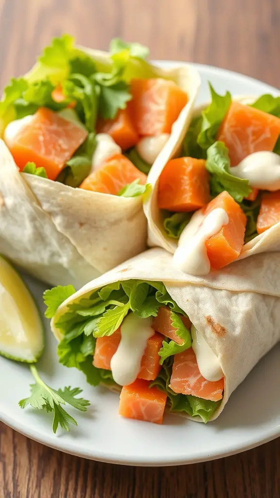Three salmon caesar salad wraps on a plate with lime and cilantro