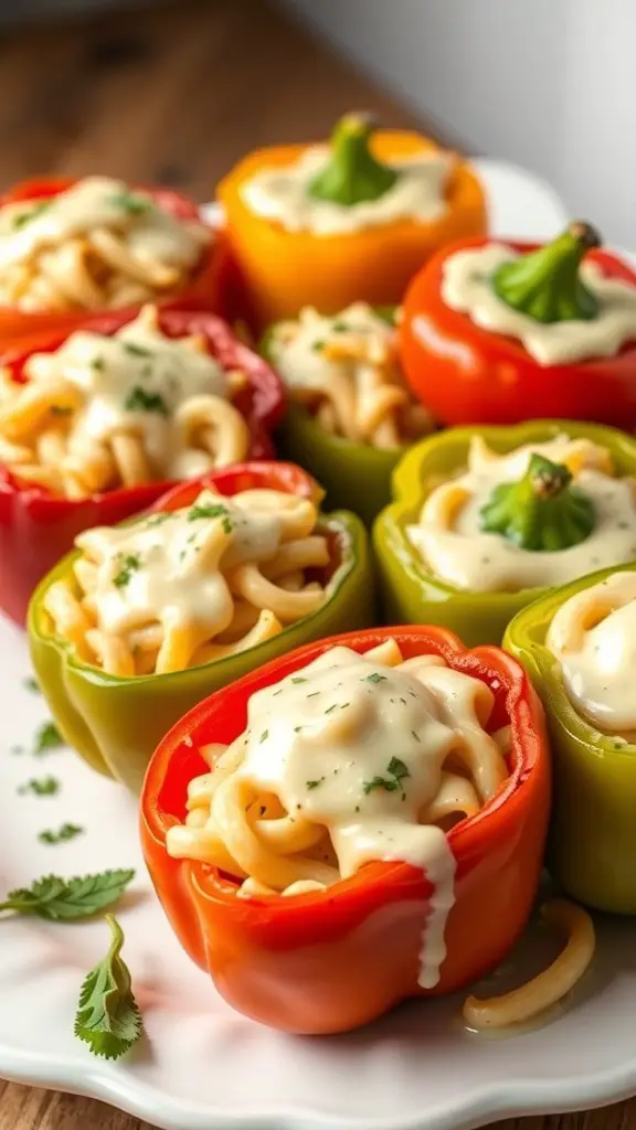 Colorful bell peppers stuffed with creamy Alfredo pasta, garnished with herbs.