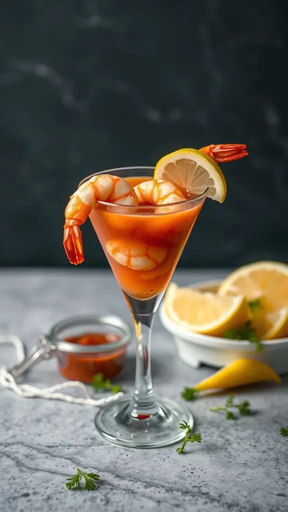 A glass of spicy shrimp cocktail garnished with lemon and served with cocktail sauce.