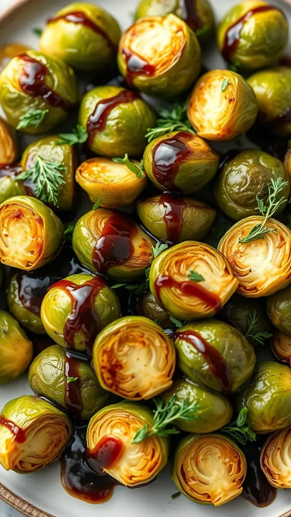 A plate of roasted Brussels sprouts drizzled with balsamic glaze, garnished with fresh herbs.