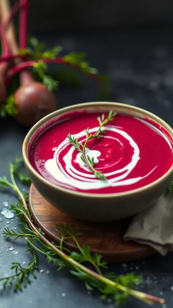 A bowl of beetroot and fennel soup with a creamy swirl and fresh herbs on top.
