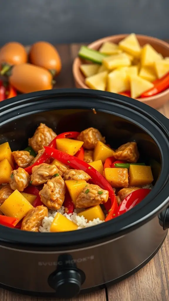 Crockpot filled with sweet and sour chicken, bell peppers, and pineapple