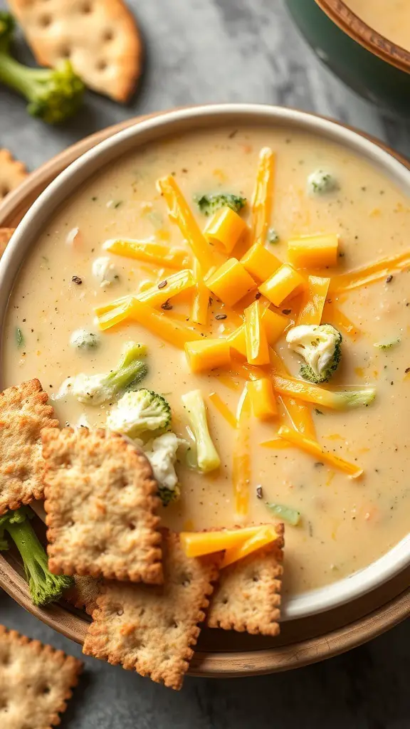 A bowl of creamy broccoli cheddar soup topped with cheddar cheese and served with crackers.