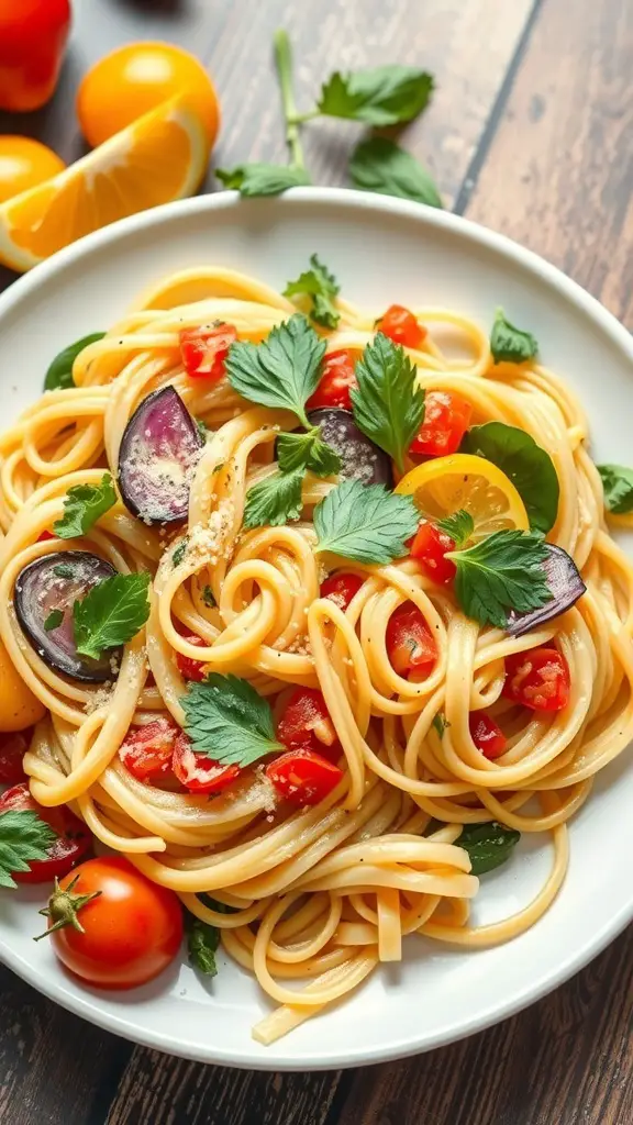 A plate of fettuccine primavera with seasonal vegetables, garnished with fresh herbs and cherry tomatoes.