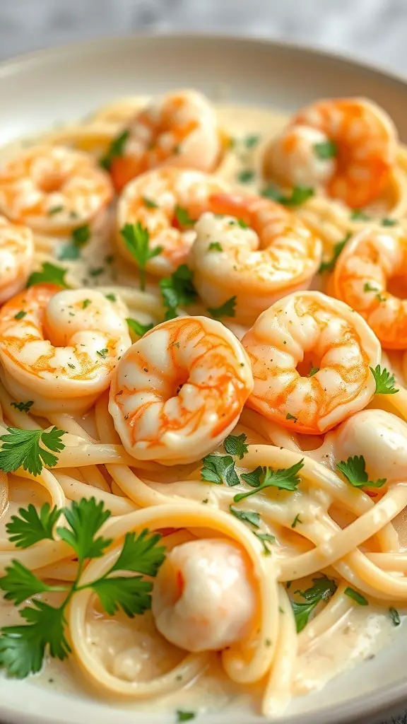 A delicious Shrimp Alfredo Noodle Bake with shrimp and parsley on top.