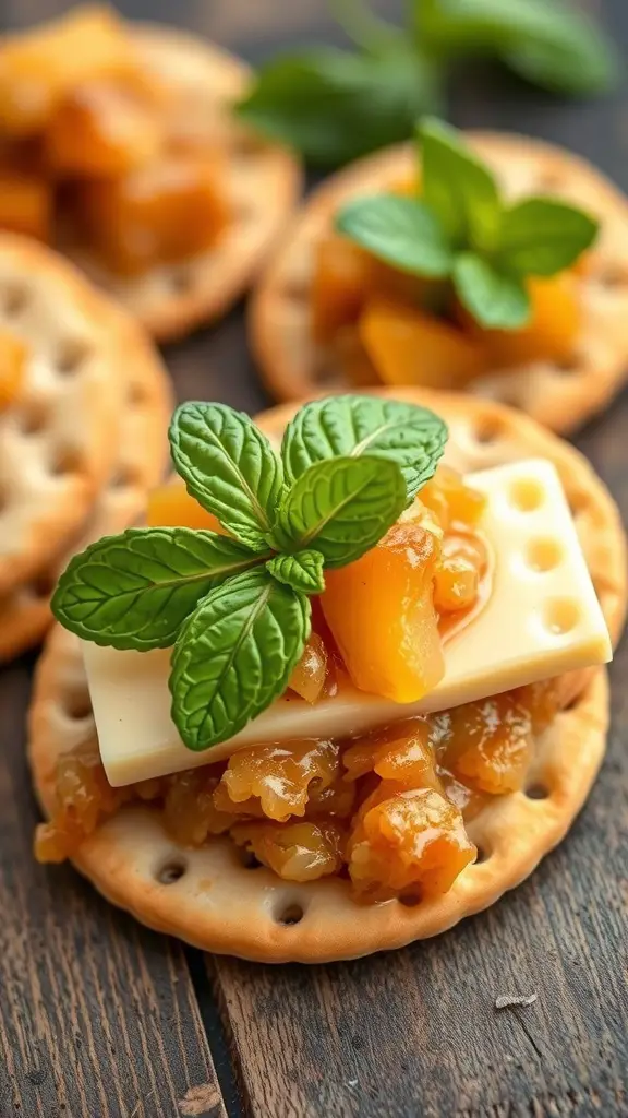Cheddar cheese and apple chutney stacked on a cracker, garnished with mint leaves.