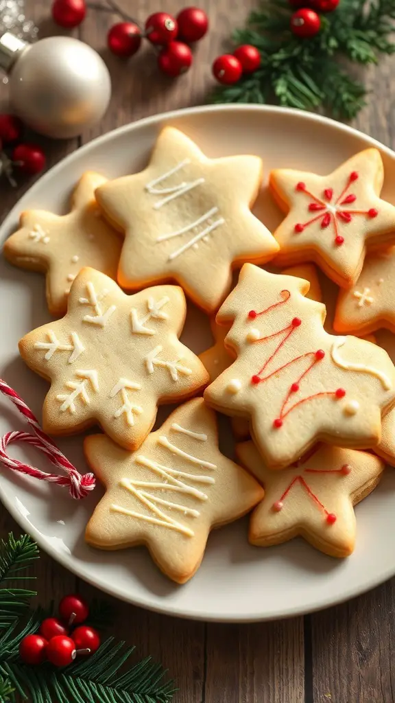 A plate of beautifully decorated vanilla bean shortbread cookies in festive shapes.