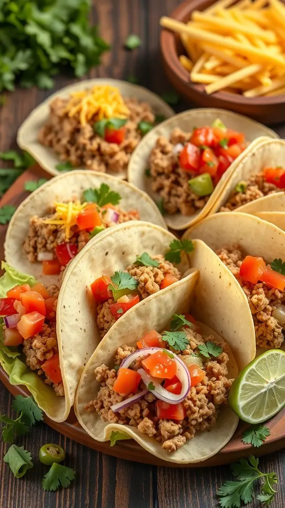 A colorful display of tacos filled with ground turkey, fresh toppings, and a side of fries.
