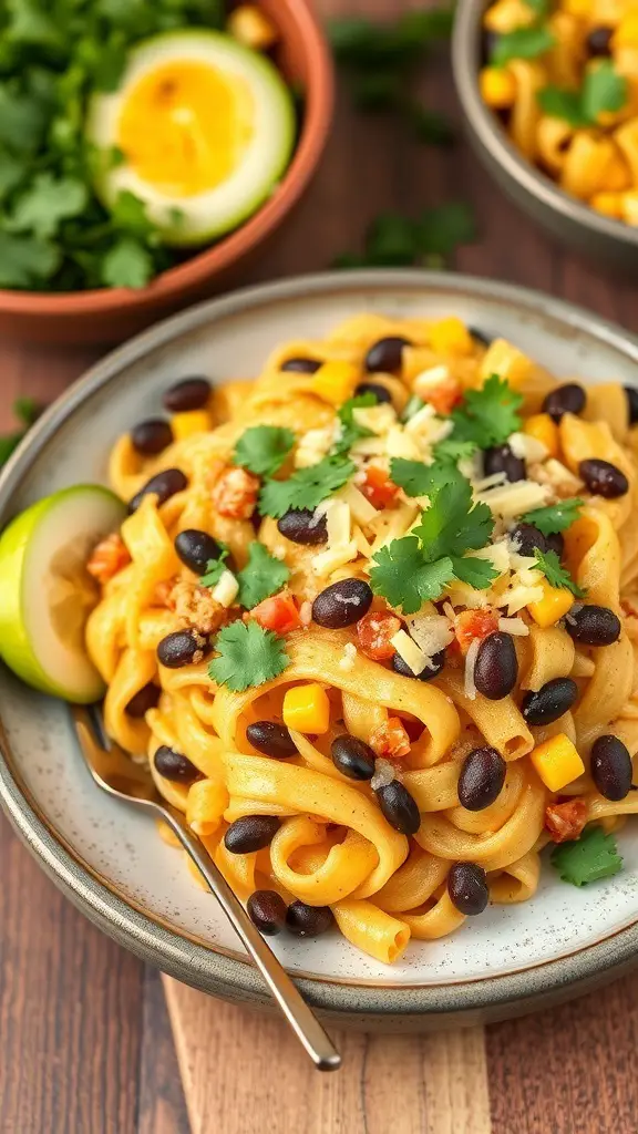 A delicious Southwest Egg Noodle Casserole topped with cilantro and lime, featuring black beans, corn, and cheese.