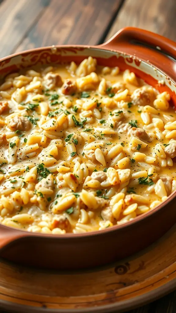 Creamy turkey and rice casserole with orzo and parsley garnish